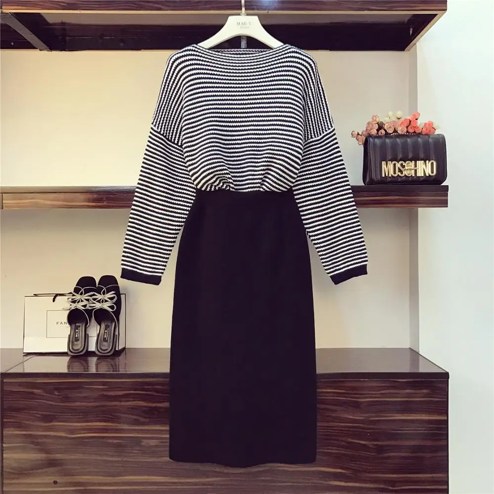 Женский трикотажный костюм в полоску свободный свитер с длинным рукавом и