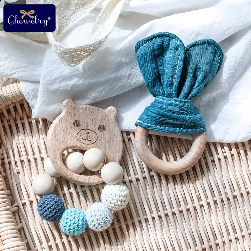 1Set Baby Toys Wooden Teether Bracelet Crochet Beads Hand Teething Rattles Bunny Ear Play Gym Stroller Children's Products | Мать и