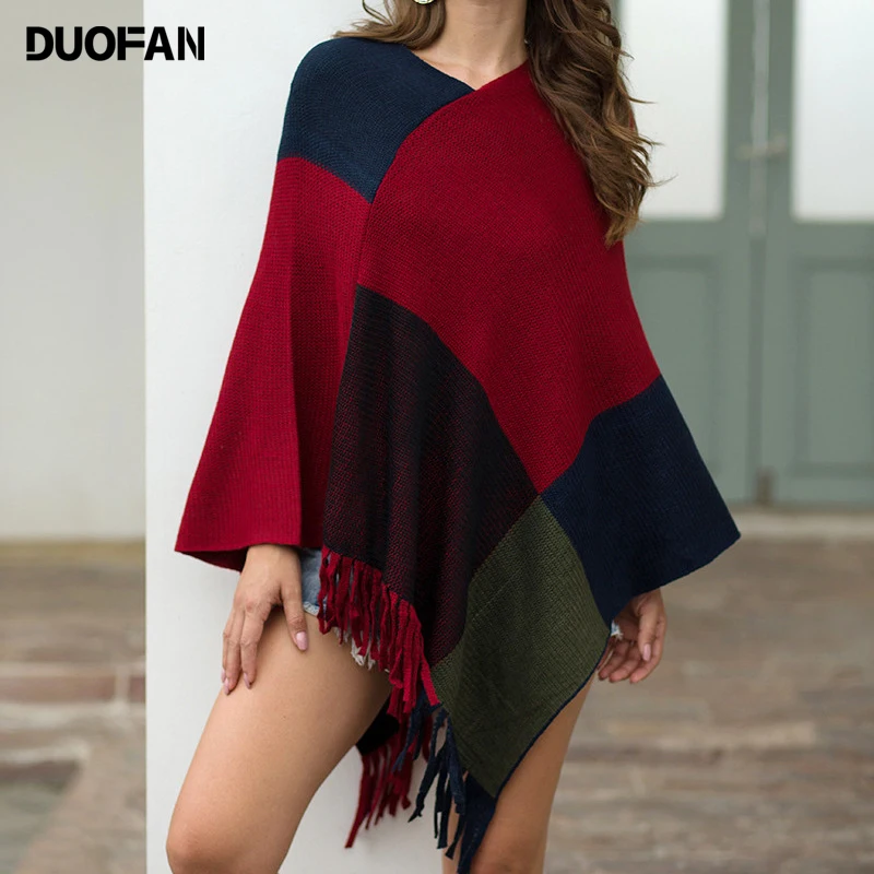 

DUOFAN 2021 Autumn New Female Pullover Shawl European American Shawl Cloak Tassel Color Matching Women's Scarf кофта женская