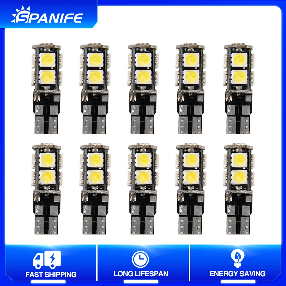 

Spanife 10 шт. W5W светодиодный T10 Светодиодные лампы 168 194 Canbus Nor Error 9SMD 5050 Автомобильные сигнальные огни габаритная лампа номерного знака 6500K 12 В