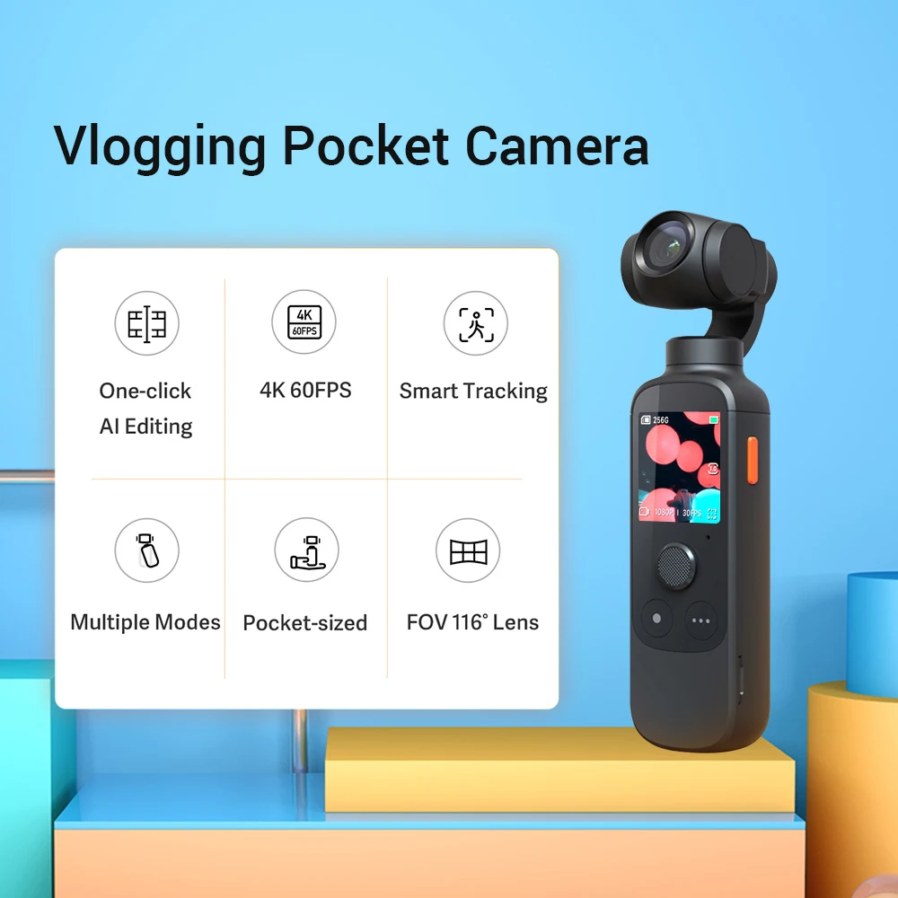 

Handheld 3-Axis Stabilized Gimbal Vlog Action Camera Smart Tracking 4K/60fps 116 Wide Angle Lens Touchscreen Built-in Battery