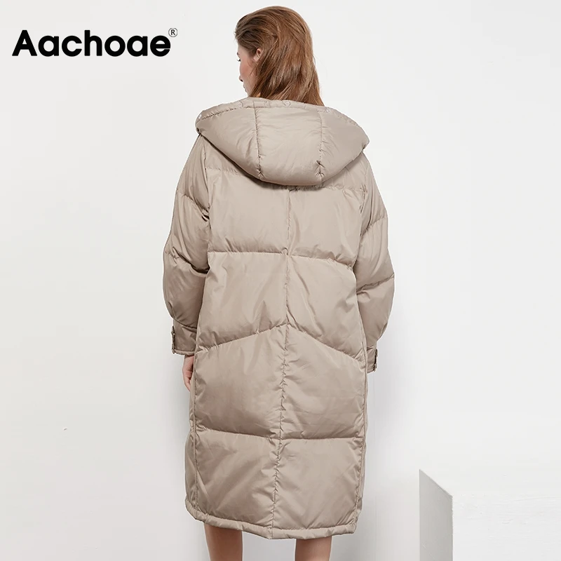

Aachoae Autumn Winter Long White Duck Down Coat Women Long Sleeve Loose Casual Hooded Puffer Jacket Outerwear Femme Veste
