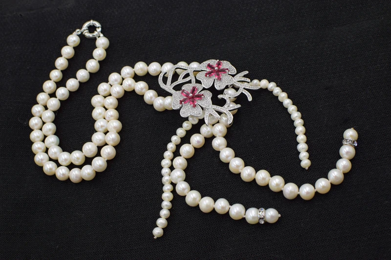 

freshwater pearl white near round necklace 19" 8-9mm 5-6mm red flower pendant