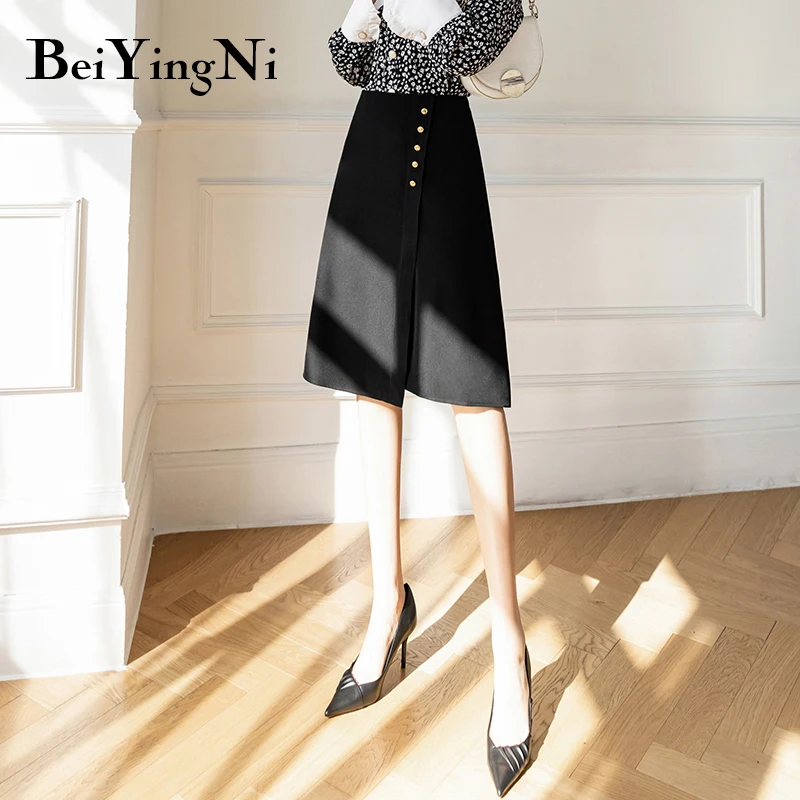 

Beiyingni 2022 Summer Stylish Women Skirt Solid Color Buttons OL Office Ladies A-line Knee-length Skirts Retro High Waist Faldas