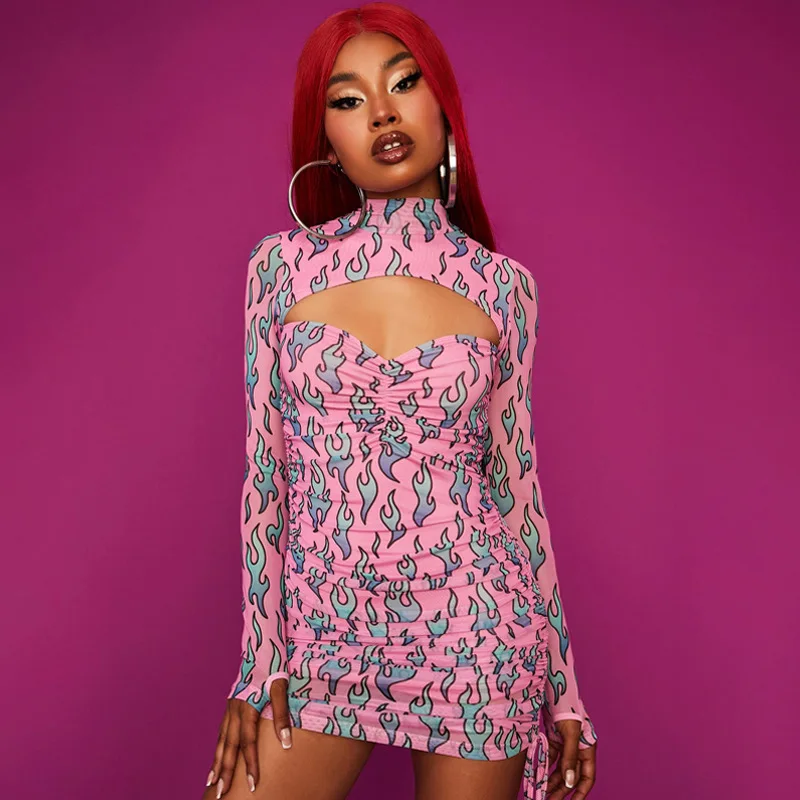 

Сексуальное женское Цветочное платье с длинным рукавом розовый Леопардовый принт с вырезами на шнуровке Кружевное облегающее Плиссирован...