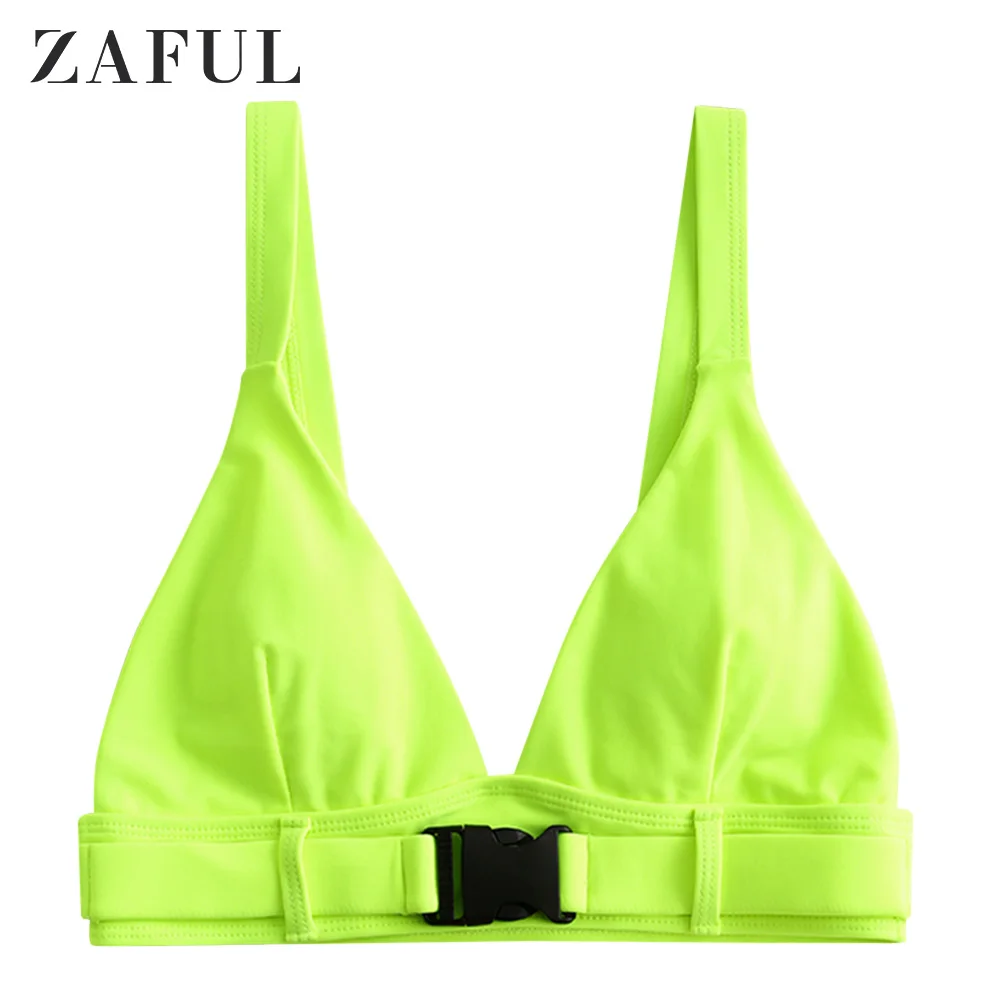ZAFUL Push Buckle Neon Plunging Bikini Top For Women 2020 Solid Neck Padded Triangle Cup Green Yellow | Спорт и развлечения
