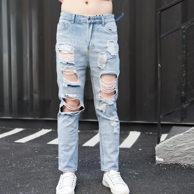 Новые осенние джинсы с отверстиями мужские брюки большими на весну и осень