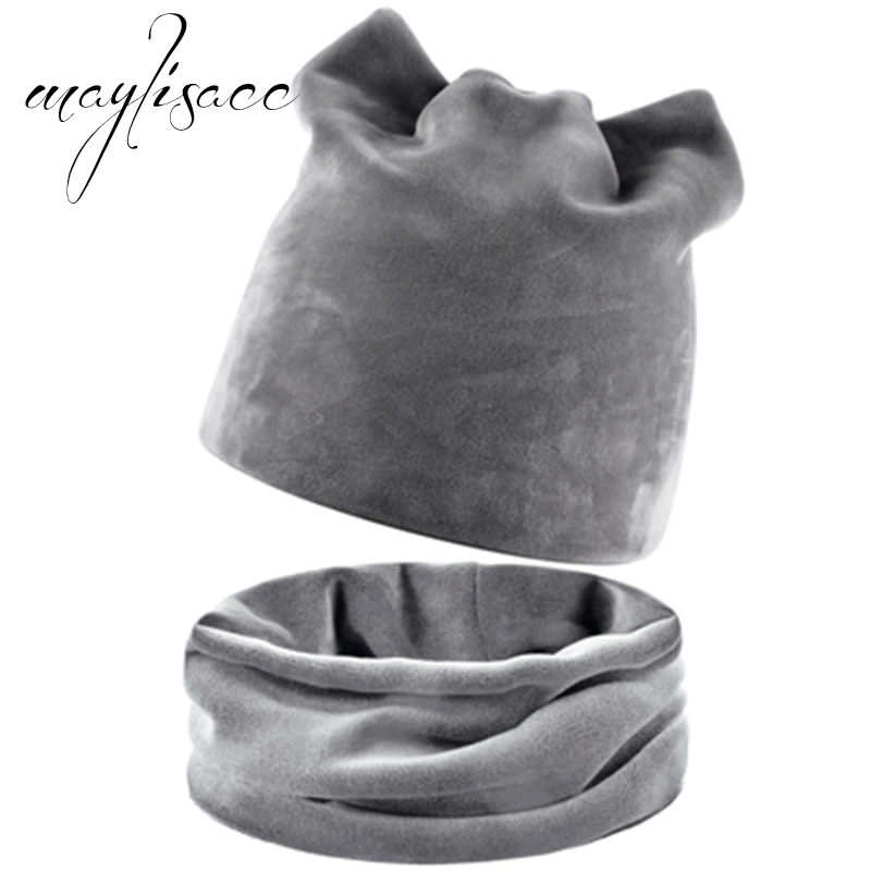 Grey Maylisacc, 6 цветов, Женская осенне-зимняя шапка с пухом, шарф, кольцо, женские шарфы с шапкой, костюм, теплая шапка, шапочки и шапки, распродажа - Цвет: Grey
