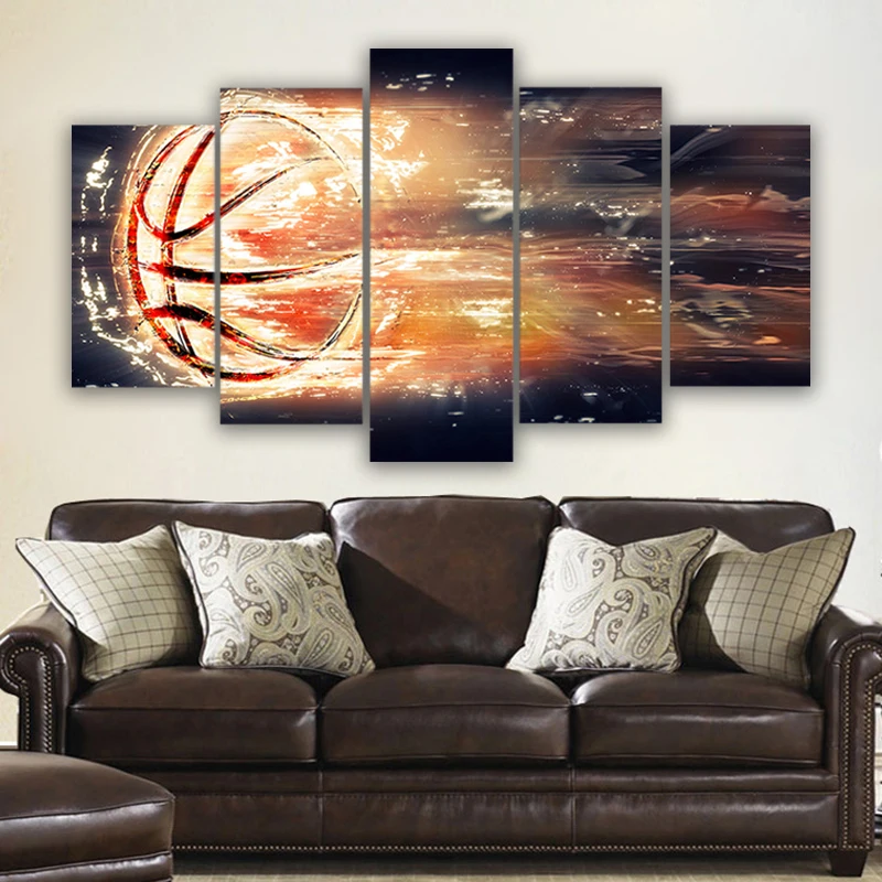 

Framework Pictures Home Decor Living Room 5 Panel Fire Basketball HD Printed Modern Canvas Painting Wall Artwork Modular Poster