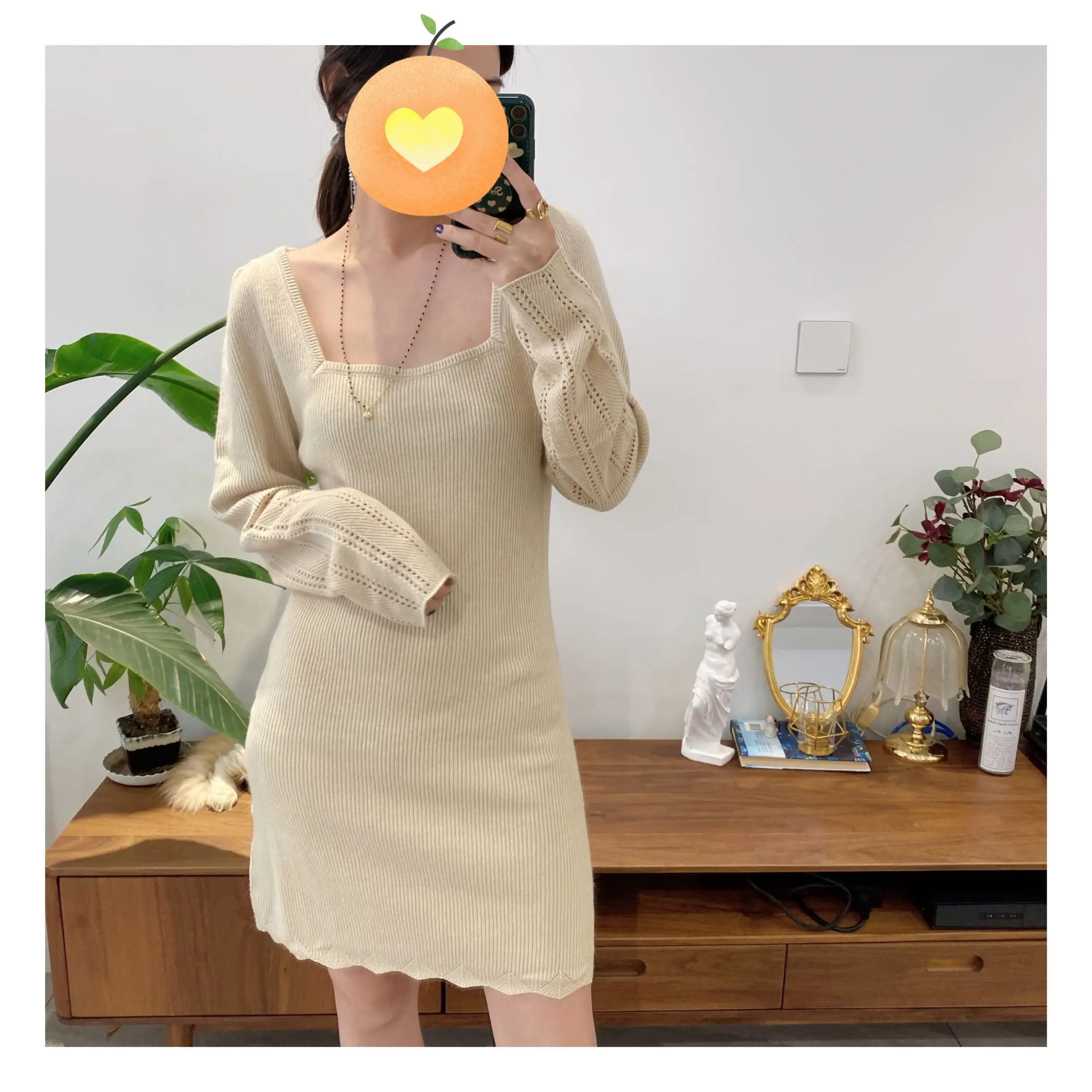 

Women Dress 2020 Autumn and Winter New Square Neck Woolen long Sleeve Knitted Mini Dress