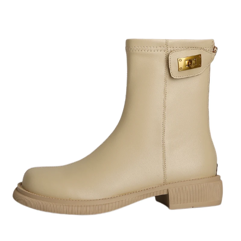 

Women's Stretch Boots Elastic Microfiber Leather Ankle Boots for Ladies Low Heels Metal Decoration Zipper Platform Shoes Woman