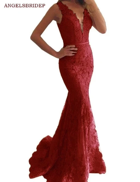 

ANGELSBRIDEP V-Neck Mermaid Prom Dresses Vestidos de festa Sexy Cap-Shoulder Court Train Formal Evening Party Gowns Lace-up Back