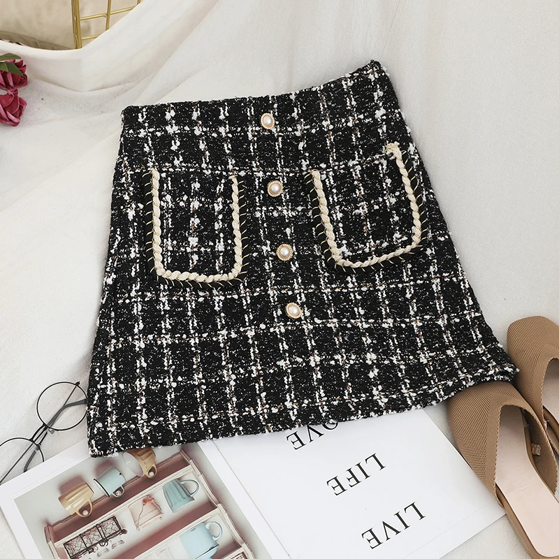 

Fashion Style Breasted Double-Pocket Plaid Skirt Autumn and Winter New Korean Version of the High Waist Thin A- line Hip Skirt