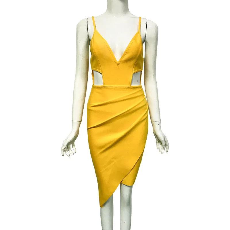 

new Atrumn Asymmetrical Yellow Robe bandage Hollow Out Sling Sexy dress Women V-Neck Sleeveless Elegant Party Club vestido