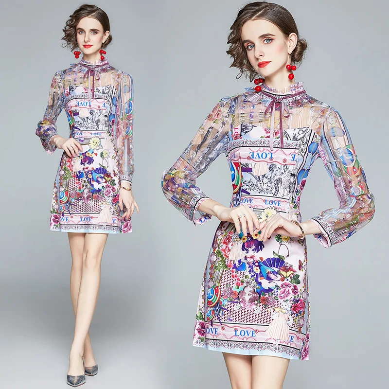 

Simgent French Dress Mini Women Long Sleeve Stand Collar Elegant Vintage Print Dress Women's Clothing Vestidos Jurken SG09207