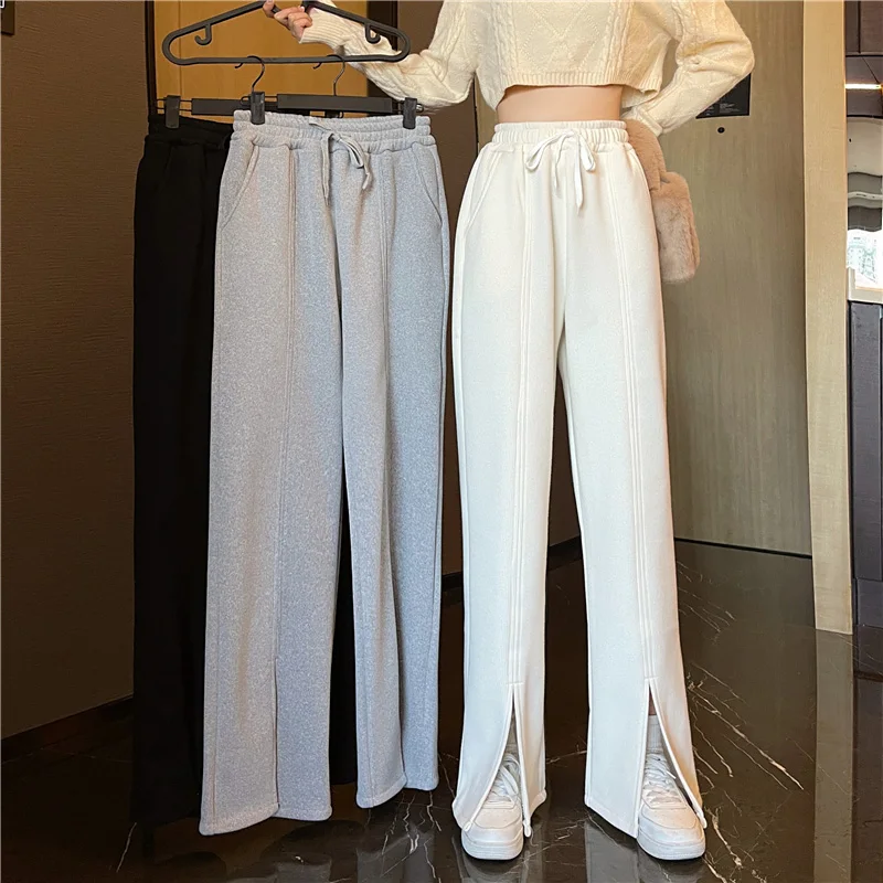 

Plus velvet slit micro trousers high waist thick casual pants small trousers women