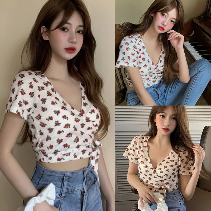 

Women's Shirts Floral Short Sleeve Summer V-Neck Lace Up Sashes Floral Thin Top Slim Temperament All-Match Blouse Tops