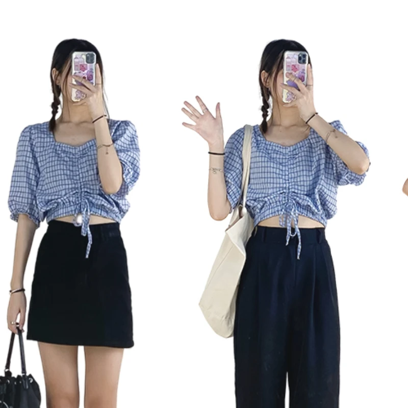 

Sweet Fresh High-waist Hollow Out Lumbar Square Neck Design Plaid Short Sleeve Shirt Drawstring Women 2020 New Summer Tops