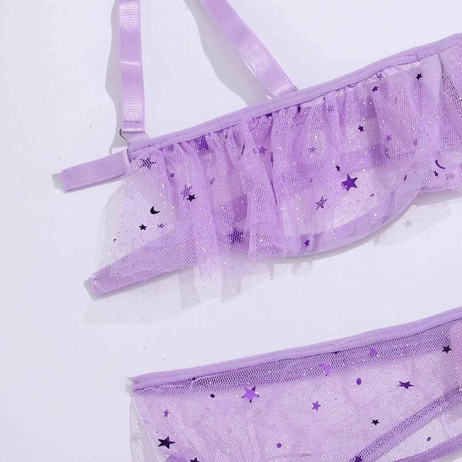 

Colorful Printed Star Moon Embroidery Thong Temptation Underwear Garter Belt Transparent Bra and Panties with Suspenders Garter