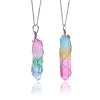 1pc rainbow natural rough stone wire wound hexagonal prism crystal pendant transparent multi color healing reiki necklace random