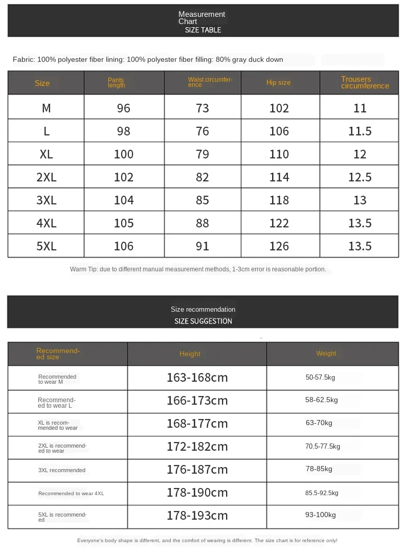 

ANSZKTN NEW Men's casual pants for middle-aged and Winter Mens Casual Down Trousers Outdoor 90%White Duck Down Size 4XL Black