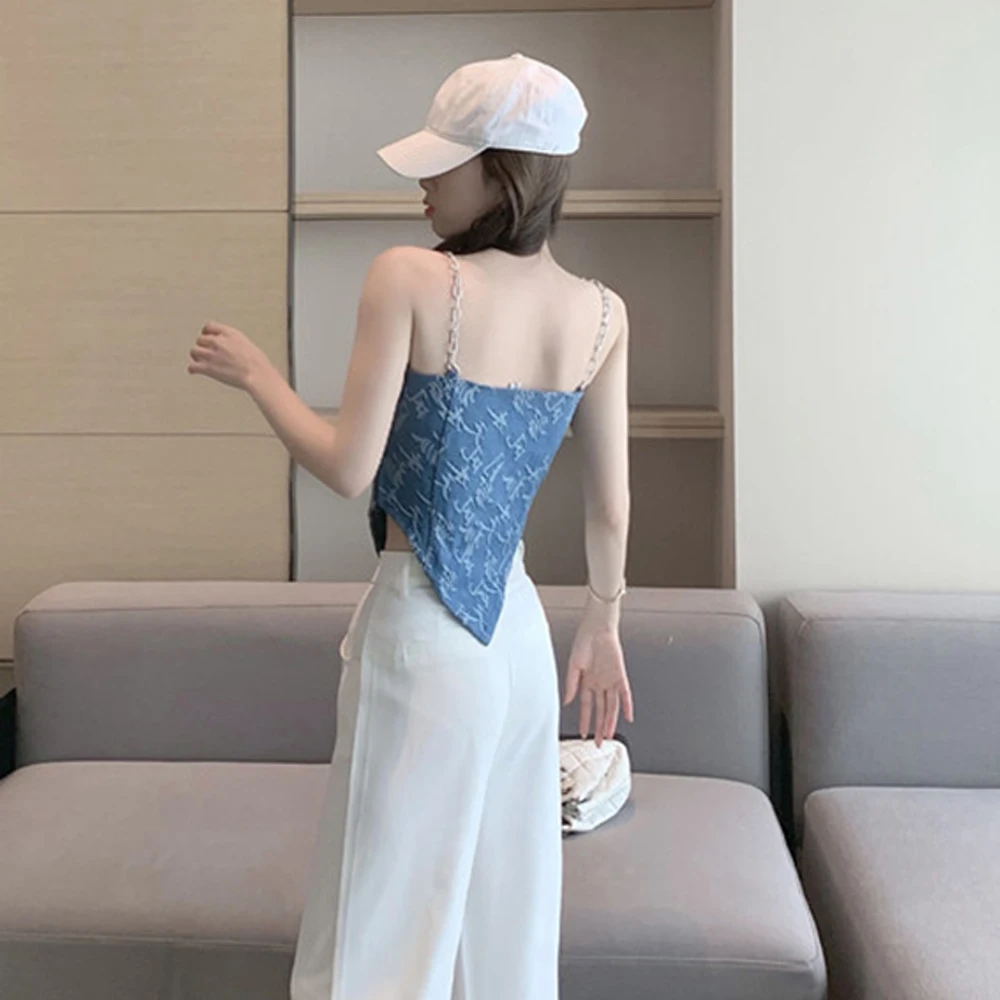 

Metal Chain Spaghetti Strap Crop Top Asymmetrical Jacquard Denim Top Summer 2021 Fashion Blue Tube Cami Top Clothing