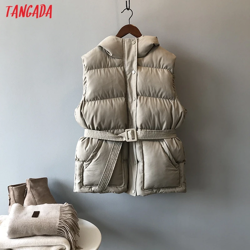 photo color Tangada, Женские однотонные парки без рукавов с поясом, с капюшоном, на молнии,, зимнее женское теплое длинное пальто, корейская модная куртка ASF01 - Цвет: photo color