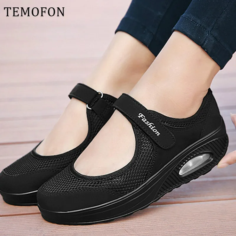 TEMOFON/женские кроссовки; обувь на платформе; женская дышащая повседневная обувь; обувь из вулканизированной сетки; черные женские кроссовки без застежки; HVT654