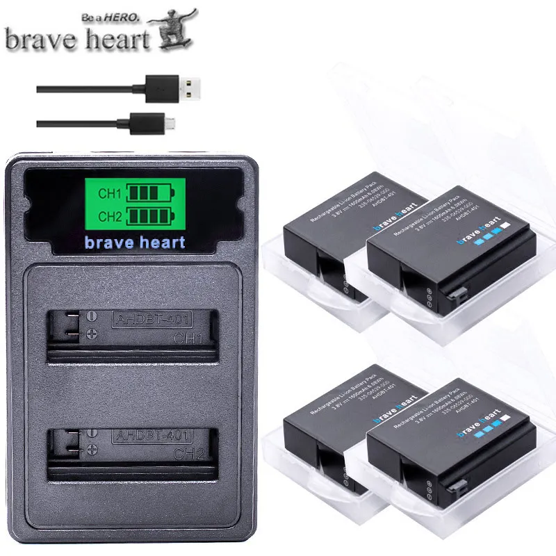 charger and 4battery Hero 4 hero 4 батарея+ lcd USB двойное зарядное устройство для Gopro hero 4 батареи Go Pro hero 4 bateria AHDBT 401 аксессуары для экшн-камеры - Цвет: charger and 4battery