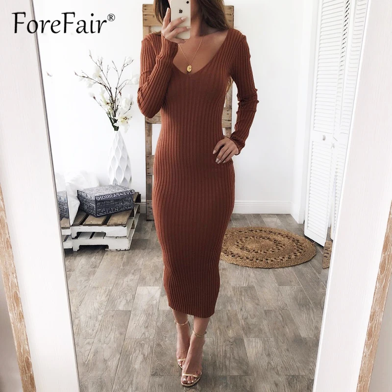 Женское трикотажное платье-свитер Forefair черное длинное эластичное облегающее