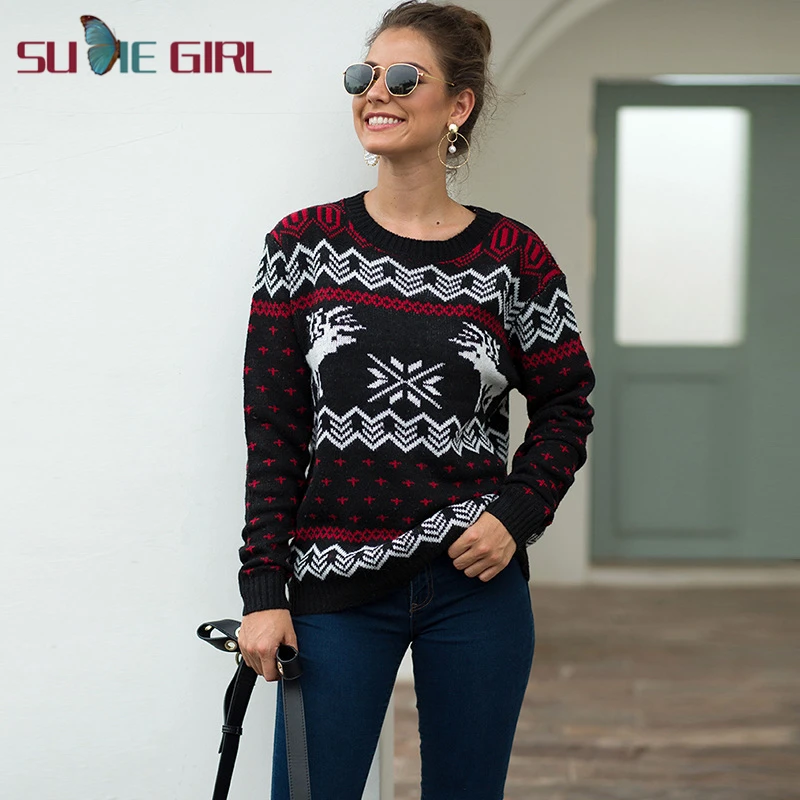 

SUDIE Girl Casual style Christmas women's knitted sweater with snowflake fawn print long sleeve round neck pullover