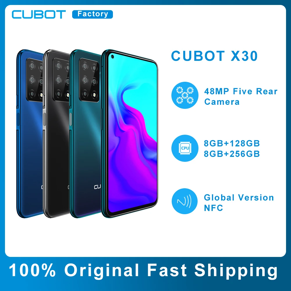 Перейти на Алиэкспресс и купить Чехол для Cubot X30 смартфон 48MP пять задний AI Камера 128 ГБ/256 ГБ мобильного телефона NFC 6,4 дюймFullview Дисплей Android10 сотовый телефон