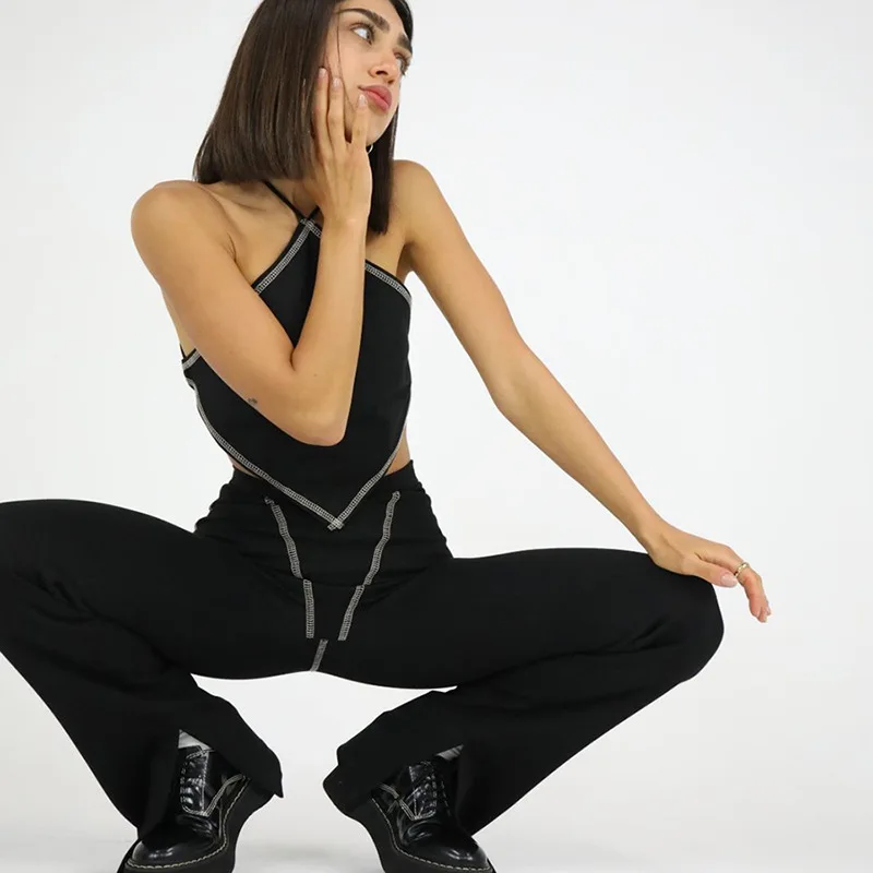 

Sexy Black Flare Pant Suits with Contrast Stitch Top 2 Piece Sets Womens Cyber Y2k Club Vacation Outfits
