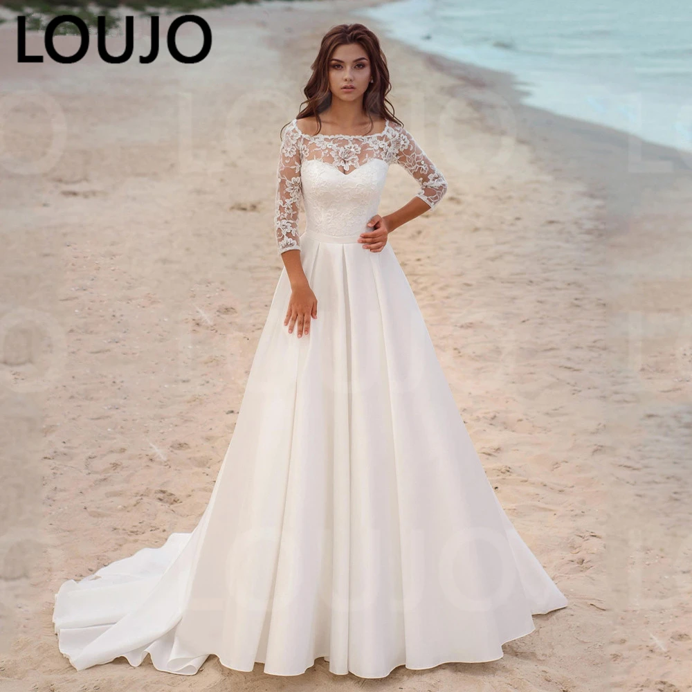 

LUOJO Modest Robe De Mariee Wedding Dress Long Sleeves Square Neck Lace Satin A-Line Sweep Train Bridal Wedding Gown White Ivory