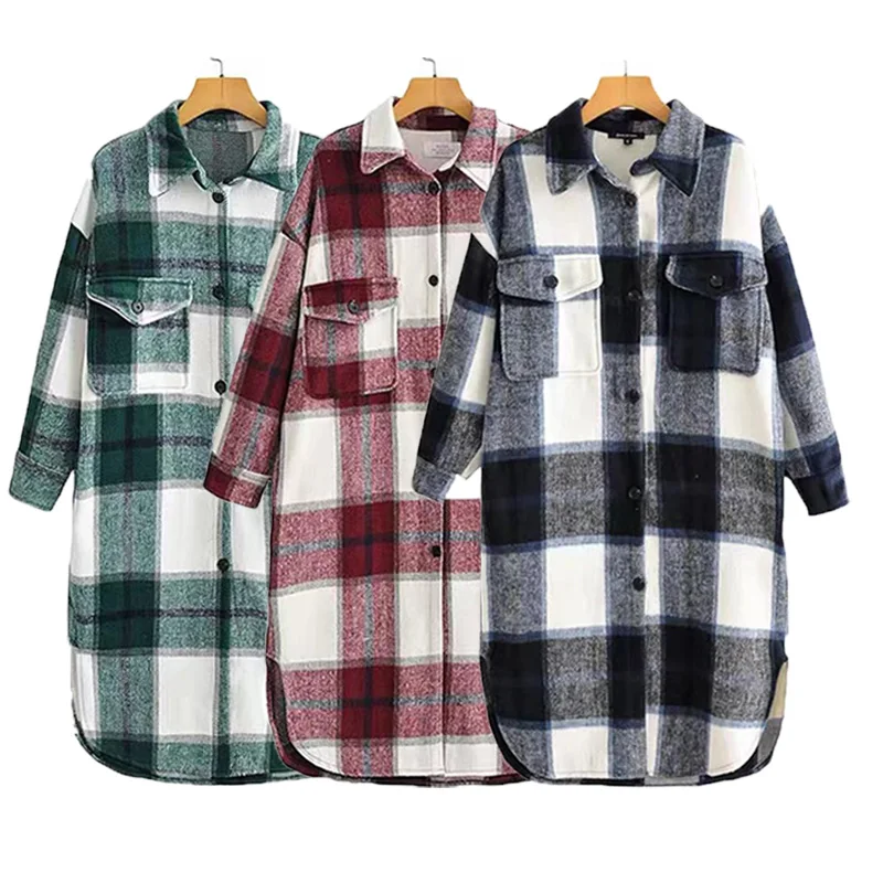 

Женская длинная рубашка Za, винтажный клетчатый Топ с длинным рукавом и карманами, модная дамская верхняя одежда на пуговицах, осеннее пальт...