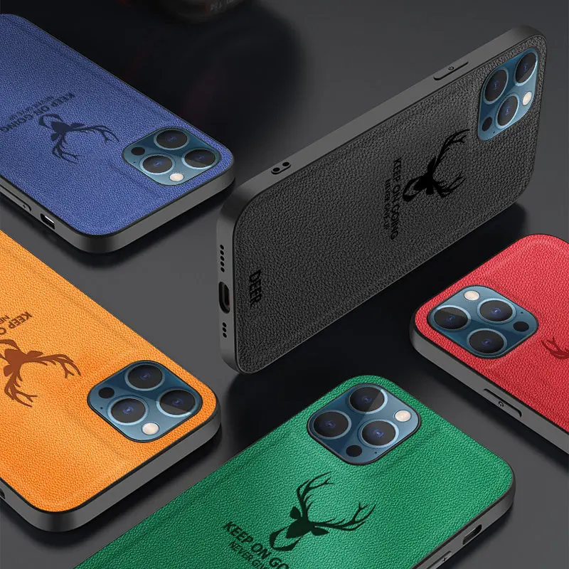 Square Leather Cover For iPhone 12 Pro Max 13Pro Case For iPhone 14 11 13 Pro Max XS X XR 14 Cover Luxury Shockproof Deer Case
