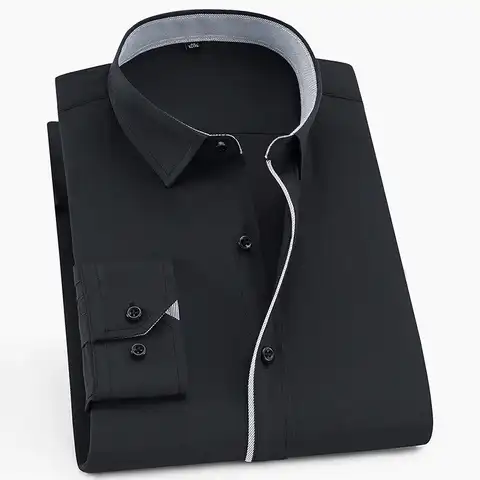 Мужская классическая рубашка в полоску, черная однотонная формальная деловая рубашка, удобная рубашка в стиле смарт-кэжуал с длинными рука...