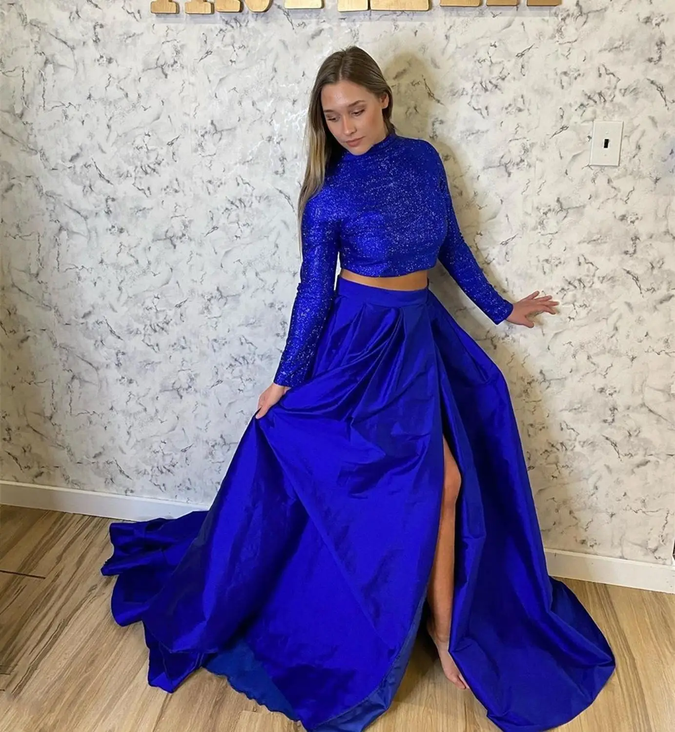 

2020 prom dress strapless two pieces royal blue long sleeve side slit satin women party gowns for vestidos de festa custom made
