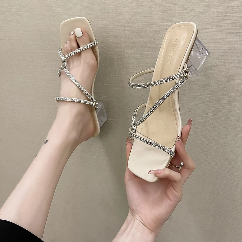 

Square heel Shoes Slippers Casual Slides Jelly Flip Flops Women Heels Pantofle Block Luxury Glitter Summer High 2021 Soft PU Rub