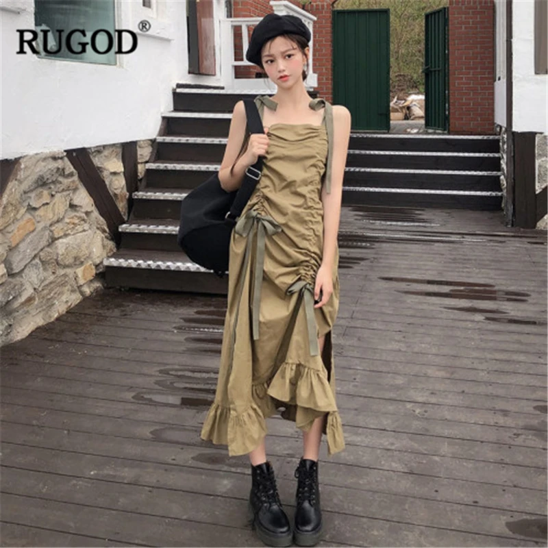 RUGOD новые полки женского зеленого асимметричного платья с боковым разрезом свободного покроя платье корейской моды прохладно платье девушки