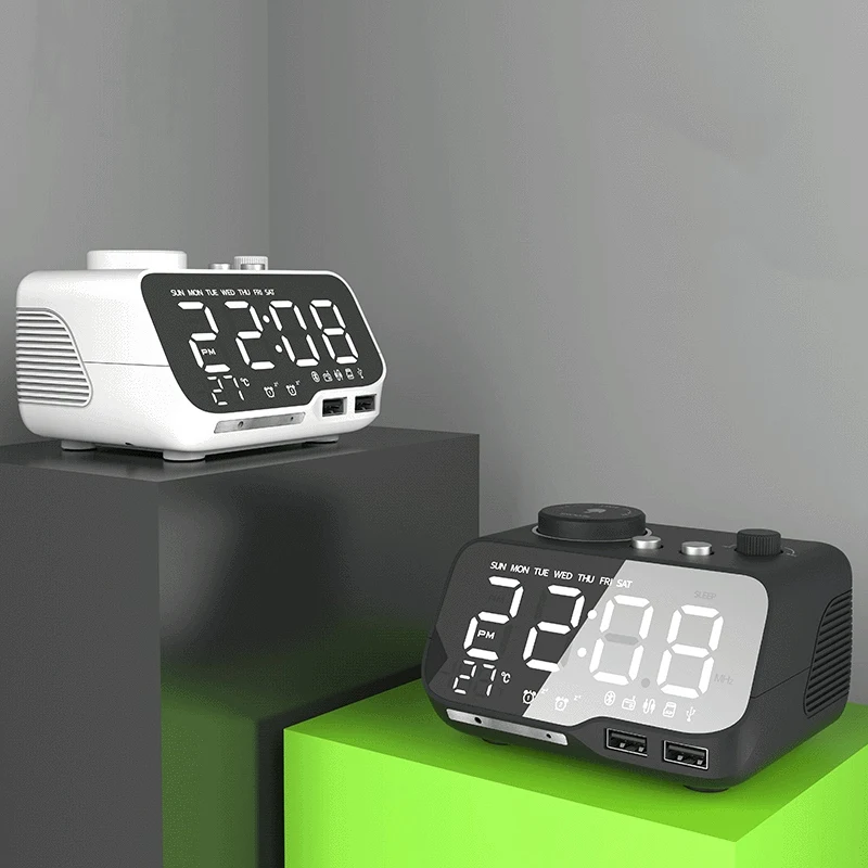 

Digital Alarm Clock Bluetooth Speaker FM Radio Temperature Brightness Dimmer Timer Bluetooth Clock -EU Plug