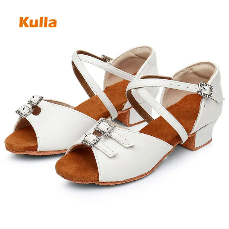 

Children Latin Salsa Dance Shoes Kids Girls Jazz Dancing Shoes PU Upper White Rhinestone Size 26-40 Low Heel Women Ballroom Shoe