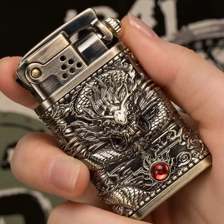 

Novelty Caving 3D Dragon Fuel Kerosene Cigarette Lighter Cap Ejection Ignition Lighter Gasoline Original Oil Cigar Lighter Gift