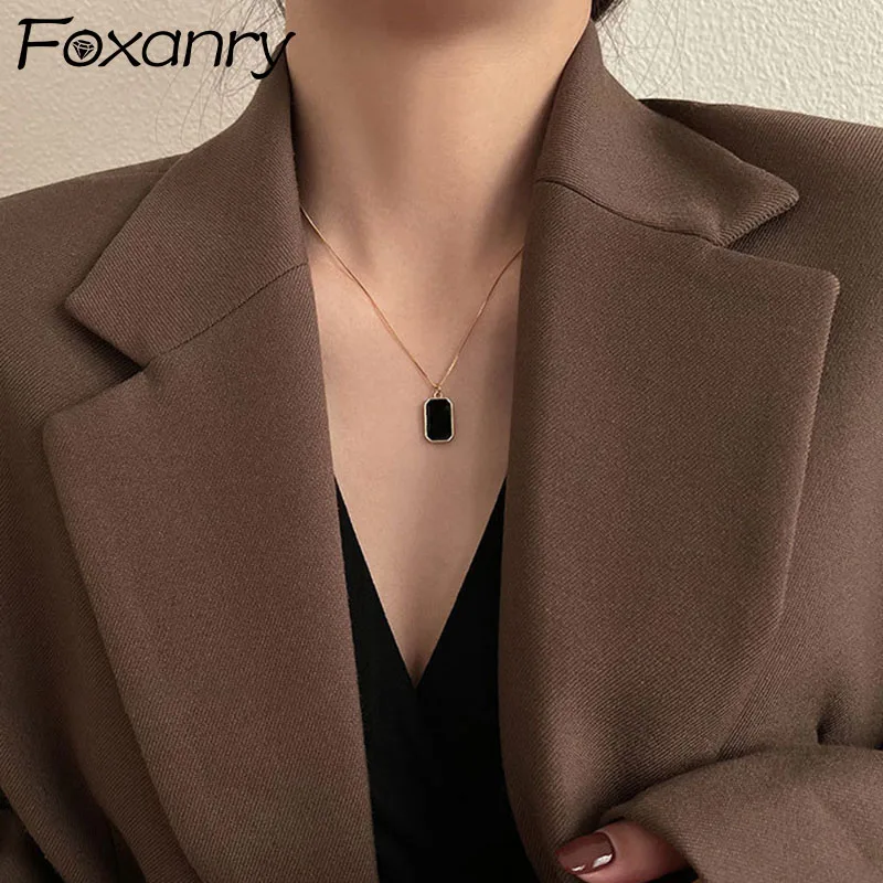

FOXANRY 925 Sterling Silver Sweater Necklace 2021 Trendy Hip Hop Vintage Simple Black Geometric Design Party Jewelry Wholesale