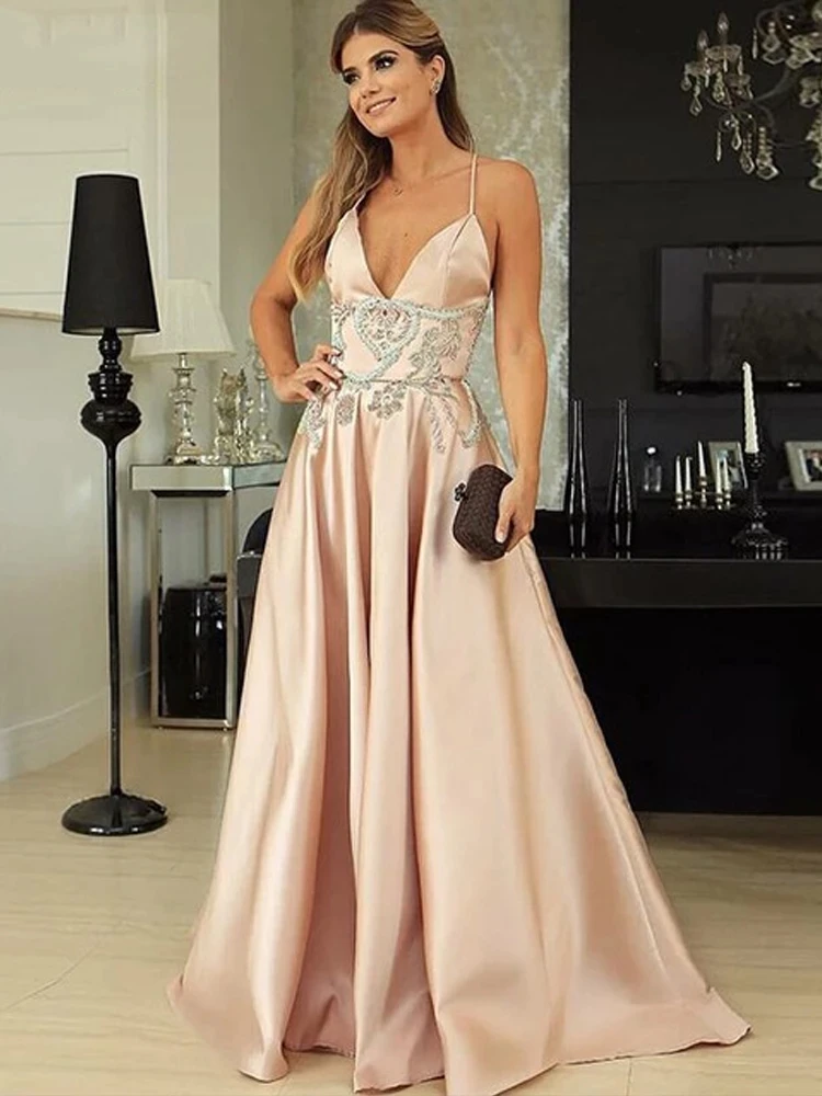 

Spaghetti strap Pink Party Gowns A-line Sweep/Brush Floor length Evening Dresses Applique Sleeveless Fashion Party Dresses