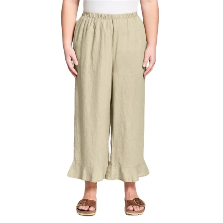 

2021 Pantalon Large Pantalon Neuf Points Ample Sans Ceinture Taille Haute Uni Coton Et Lin Ourlet Volants Pantalon Femme