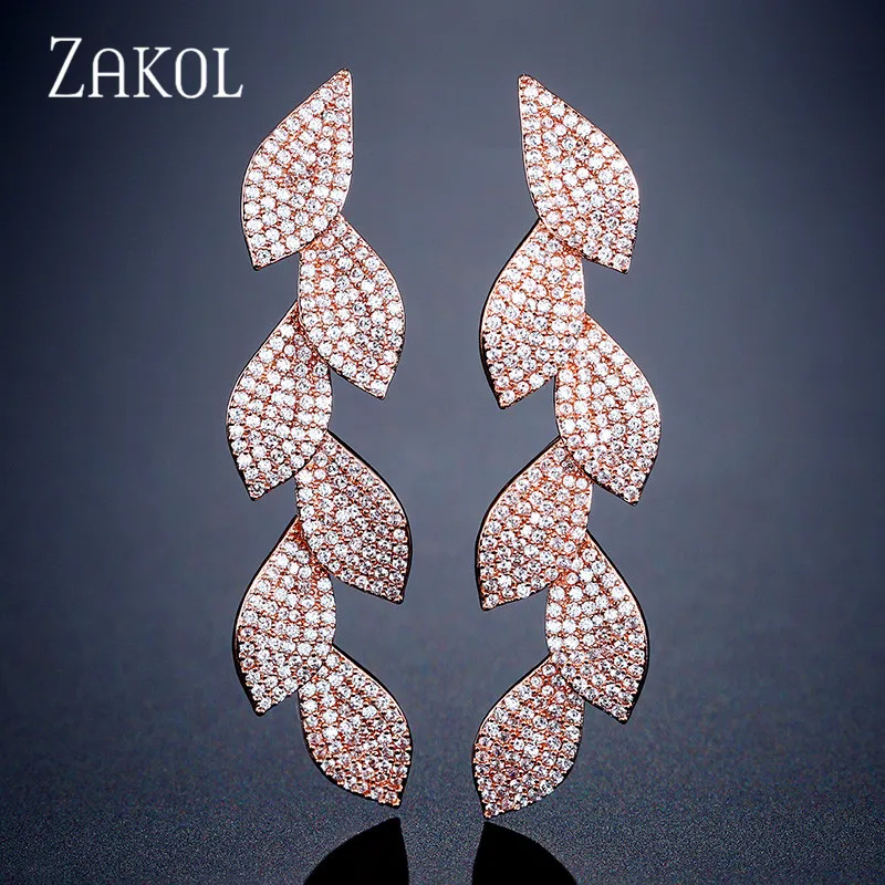 ZAKOL микро инкрустированные фианиты листья длинные висячие серьги для женщин