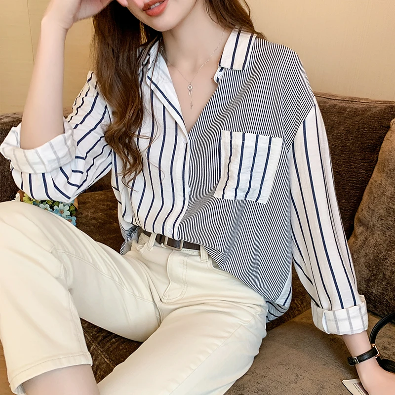 

Oversize Women Blouses Shirts Long Sleeve Striped Patchwork Tops Cotton Linen Casual Female Turndown Collar Blusas 2021 #H01