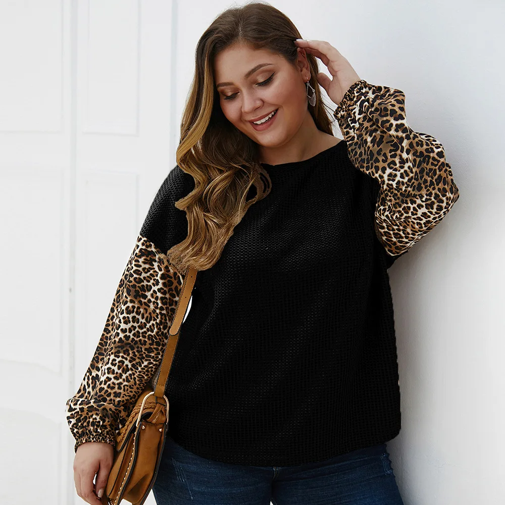 

2021 Autumn Winter New 4XL Leopard Plus Size Women's Clothing Tops Fashion Women Clothes Solid Color Stitching Sweater Oversize