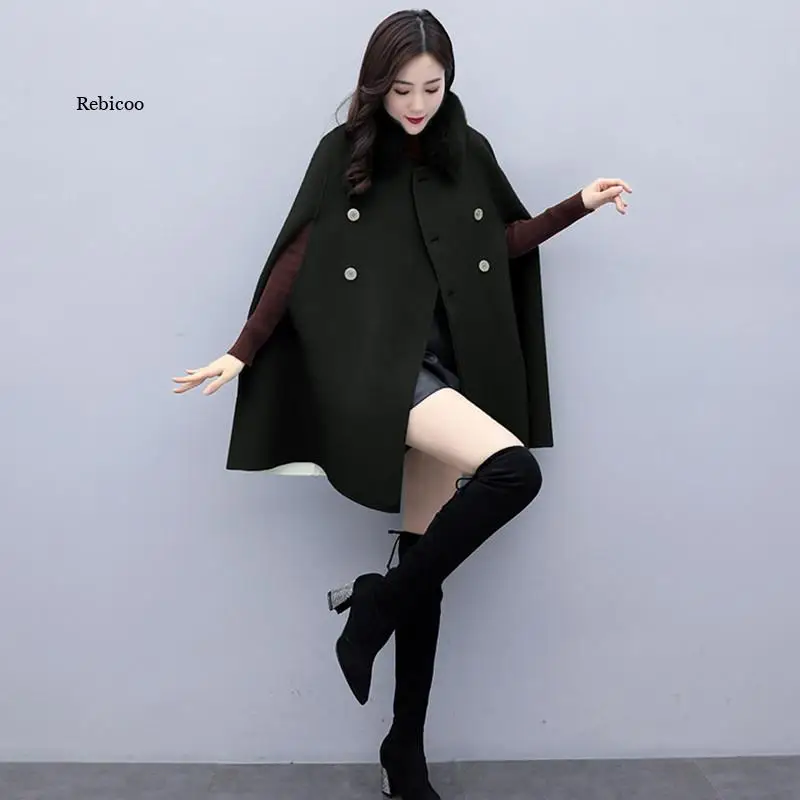 

Autumn Winter Korean Fashion Women Woolen Coat Mid-Length All-match Solid Color Bat-Shaped Cloak Woolen Jacket Female